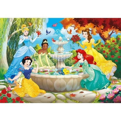 Imagem do Puzzle 60 peças Princesas Disney com princesas à volta de uma fonte