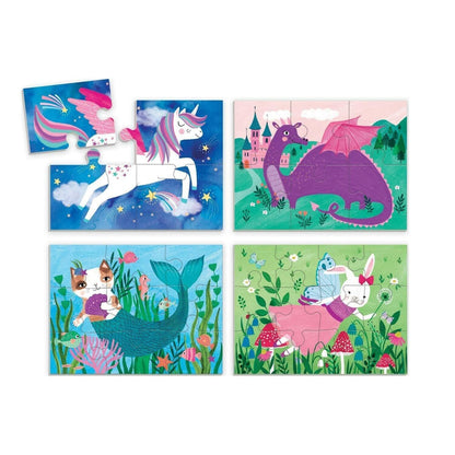 Quatro puzzles Amigos Mágicos montados com unicórnio, dragão e sereia
