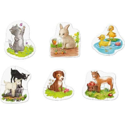 As seis peças do Puzzle Animais Bebés: gato, coelho, patinho, cabrito, cão e potro