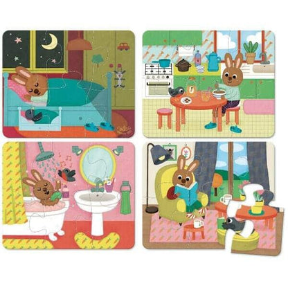 Quatro puzzles de madeira A casa com coelhos em várias divisões