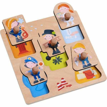 Puzzle de Pegas Profissões com peças levantadas e fundos coloridos
