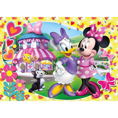 Imagem do Puzzle Disney Minnie e Amigas com Minnie, Daisy e Fígaro junto a uma loja