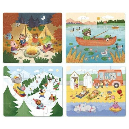 Quatro puzzles do Puzzle Evolutivo Férias com cenas de campismo, lago, neve e praia