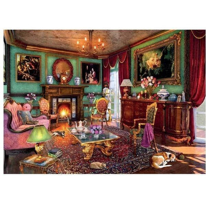 Imagem do Puzzle Falcon The Drawing Room: sala com lareira, quadros e mobiliário clássico