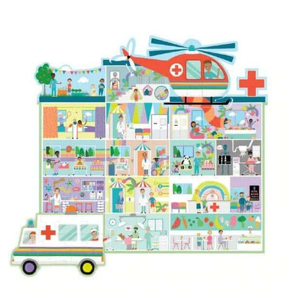 Puzzle Hospital 100 pçs montado em forma de hospital com ambulância e helicóptero