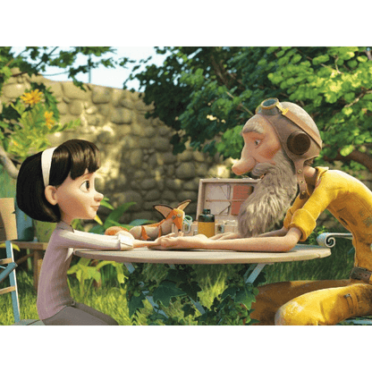 Puzzle Little Prince 24 pçs: imagem da menina e do aviador à mesa no jardim