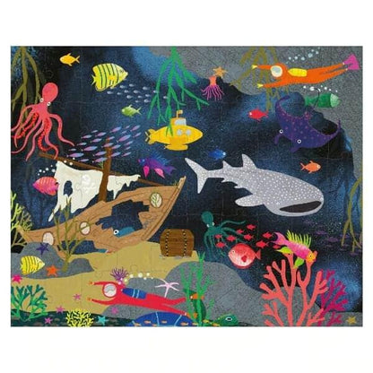 Puzzle Mágico Fundo do Mar montado: navio afundado, tubarão-baleia, polvo e mergulhadores