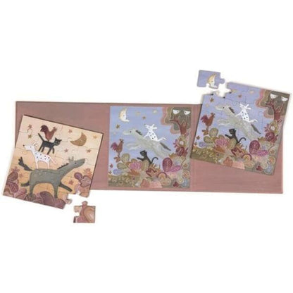 Puzzle Magnético Músicos de Bremen aberto, com peças soltas