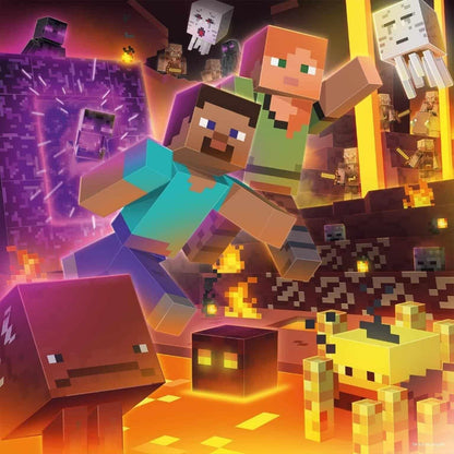 Puzzle Minecraft: Steve e Alex no Nether com criaturas de fogo