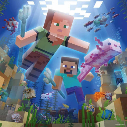 Puzzle Minecraft: Steve e Alex a nadar debaixo de água com axolote