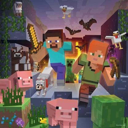 Puzzle Minecraft: Steve e Alex a correr com porcos e criaturas