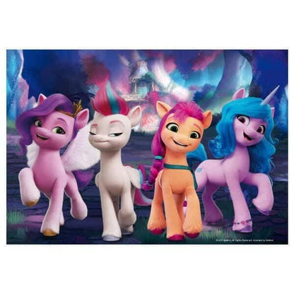 Imagem de um dos puzzles My Little Pony: quatro póneis lado a lado numa floresta