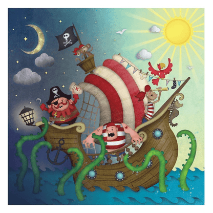 Puzzle Piratas montado com navio de velas às riscas, piratas e tentáculos de polvo