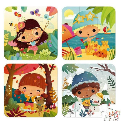 Os quatro puzzles do Puzzle Progressivo Quatro Estações: primavera, verão, outono e inverno