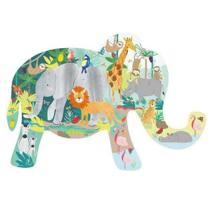 Puzzle Selva montado em forma de elefante com leão, girafas e zebras