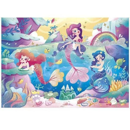 Imagem do Puzzle Sereias 104 peças com sereias, peixes e um arco-íris