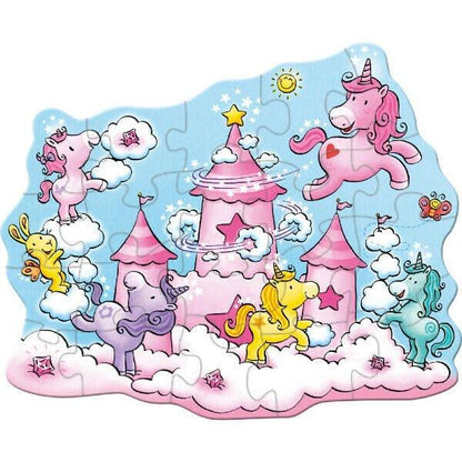 Puzzle Unicórnio nas nuvens montado: unicórnios coloridos à volta de um castelo cor-de-rosa