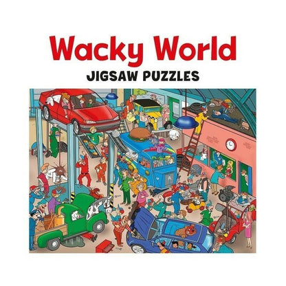 Puzzle Wacky World - Garage: ilustração da oficina cheia de mecânicos e carros
