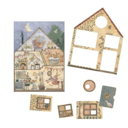 Puzzle XL Coelho em casa: peças do puzzle e moldura em forma de casa