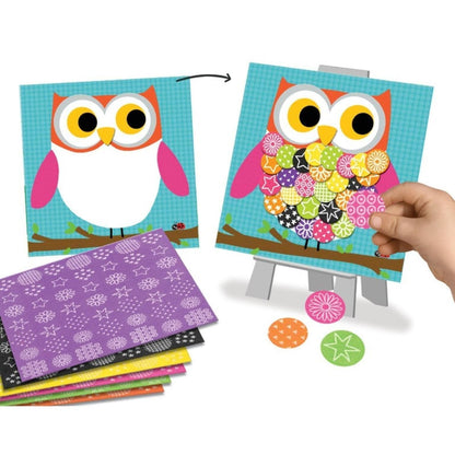 Quadro de autocolantes coruja: quadro antes e depois de decorado, com folhas coloridas