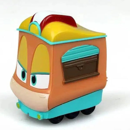 Robot Trains Jeanne: comboio laranja e verde-água com baú, de frente