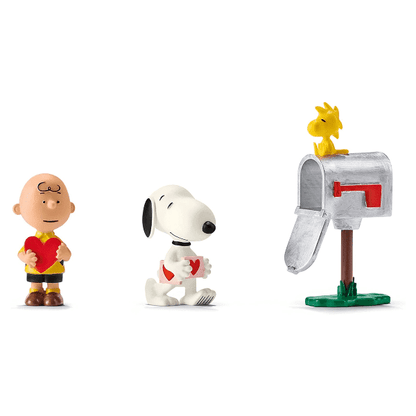 Snoopy Dia de São Valentim: figuras de Charlie Brown, Snoopy e Woodstock na caixa do correio