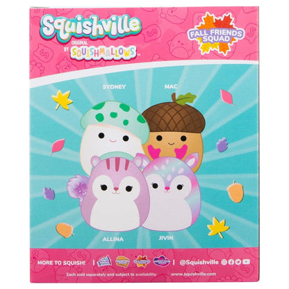 Squishville Mini Squishmallows Autumn Friends Squad: verso da caixa com os nomes das personagens