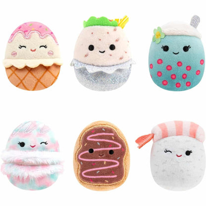 Seis peluches do Squishville Mini Squishmallows Esquadrão Gastronómico em forma de doces