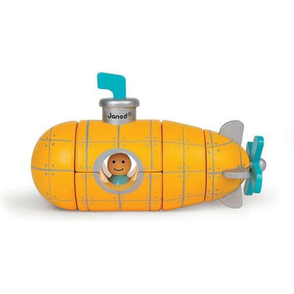 Submarino Magnético amarelo de madeira montado com periscópio azul