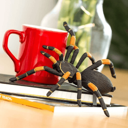 Figura de borracha Tarântula-de-joelhos-vermelhos sobre livros junto a caneca