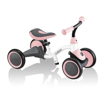 Globber Learning Bike rosa em modo de quadriciclo sem pedais, assento cinzento