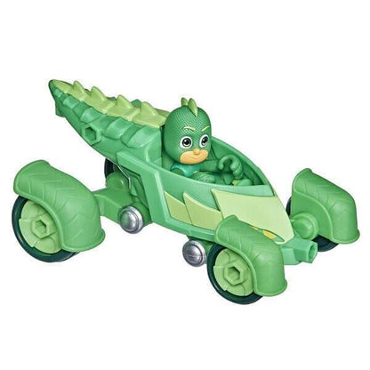 Veículo PJ Masks Gekko verde com a figura do Gekko ao volante