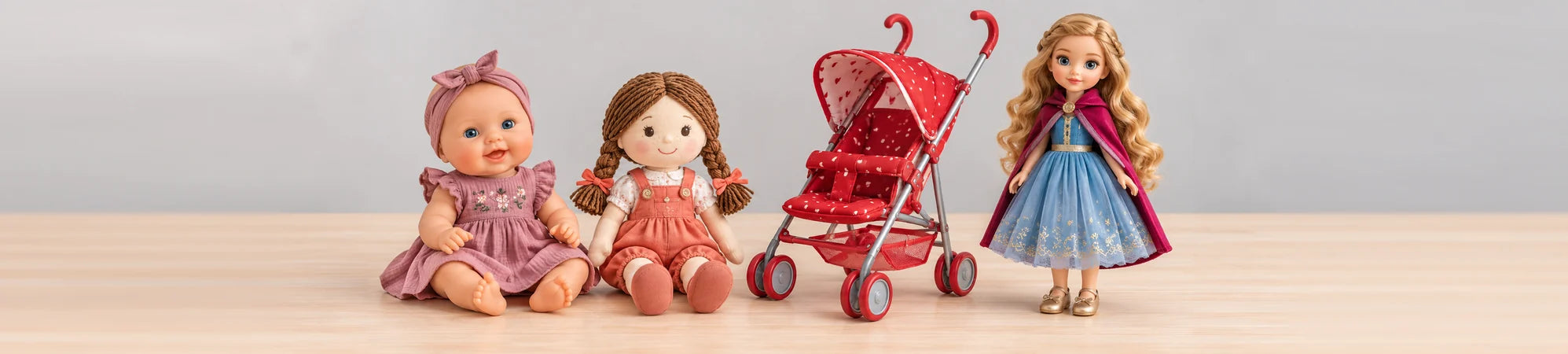Bonecas de diferentes tipos e carrinho de boneca.
