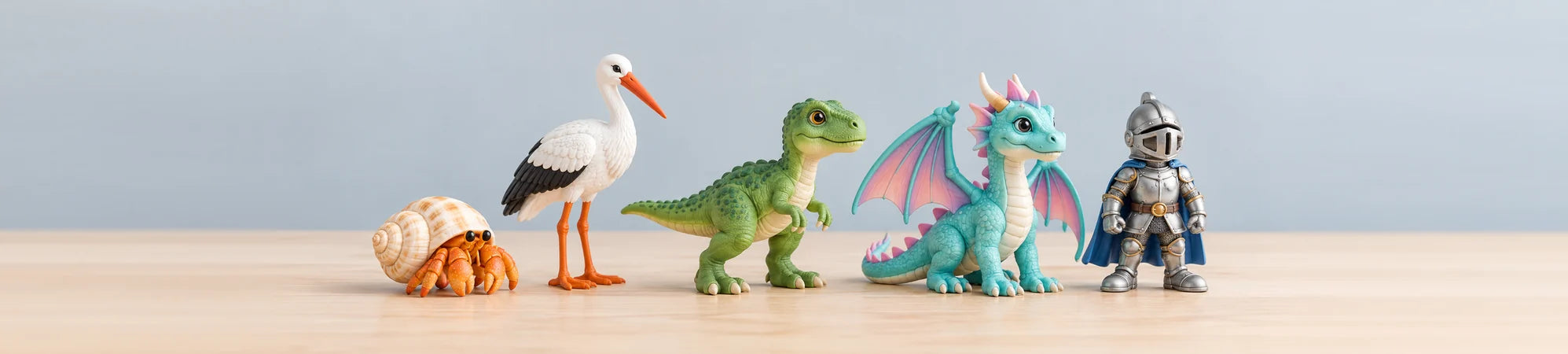 Figuras de animais, dinossauro, dragão e cavaleiro de brinquedo.