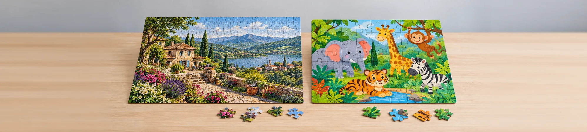 Puzzles para adultos e crianças com algumas peças por encaixar.
